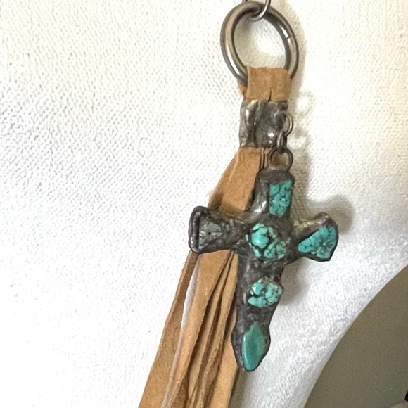 NEW Jamie Dietrich Silver Turquoise Cross Tan Tassel Stainless Steel Necklace - Picture 14 of 14